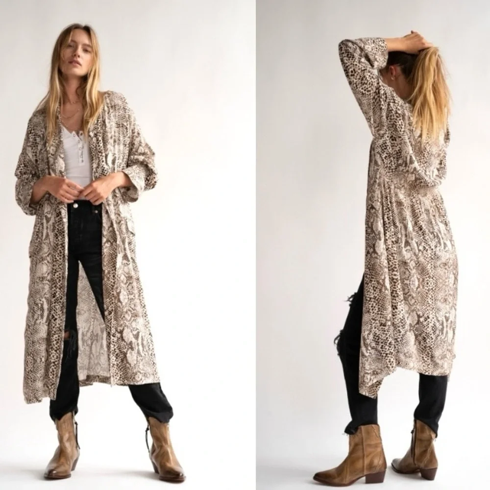 Free People Animal Print Midi Kimono Duster Cardigan Wild Nights Size Medium